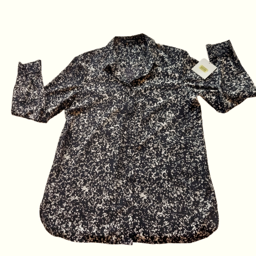EllenTracy Long Sleeve Shirt Blouse  Button Front Stylish Size L Black/White NWT